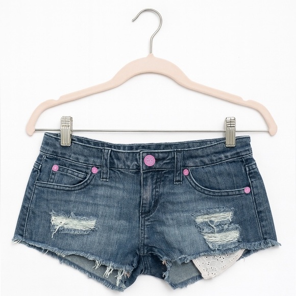 No Pants - JUNIOR’S size 5 “NO” denim cutoff shorts with pink paisley accent pockets
